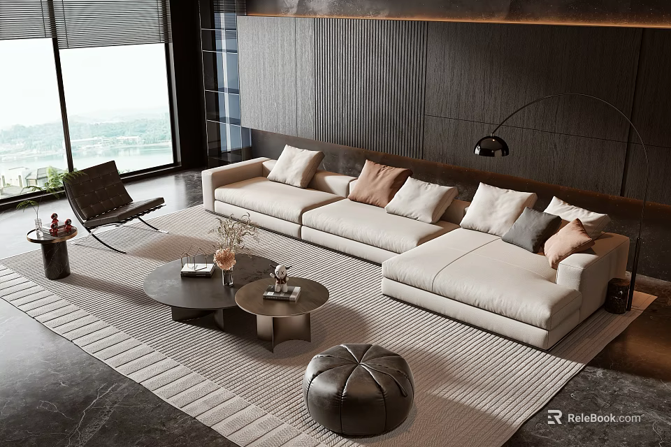 Modern Living Room Interior With Beige L-shaped Sofa Round Coffee Tables And Decorative Pillows 3d model 