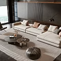 Modern Living Room Interior With Beige L-shaped Sofa Round Coffee Tables And Decorative Pillows