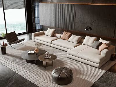 Modern Living Room Interior With Beige L-shaped Sofa Round Coffee Tables And Decorative Pillows 3d model