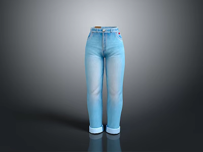 Light Blue Straight Leg Jeans With Cuffed Hem And Belted Waist Design 3d model