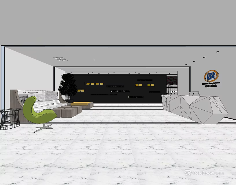Modern Reception Area Interior Design With Geometric Desk Marble Floor Green Plant And Seating 3d model 