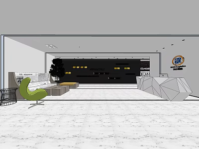 Modern Reception Area Interior Design With Geometric Desk Marble Floor Green Plant And Seating 3d model
