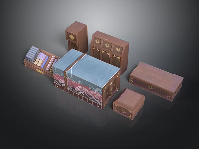 Wooden Storage Boxes And Drawer Cabinets With Decorative Designs In Various Sizes 3d model