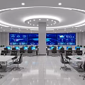 Modern Monitoring Room with Multiple Screens Control Desks and Chairs