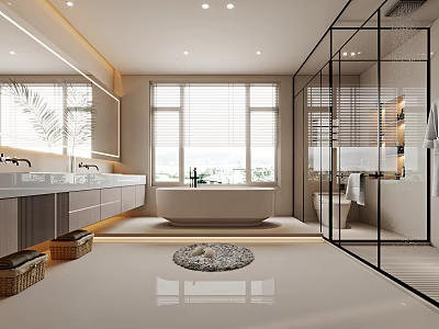 Modern Bathroom Interior Design With Double Vanity Bathtub Glass Shower Large Windows And Light-Colored Tiles 3d model