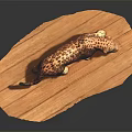 Detailed Spotted Leopard Sculpture Walking on Oval Wooden Display Base