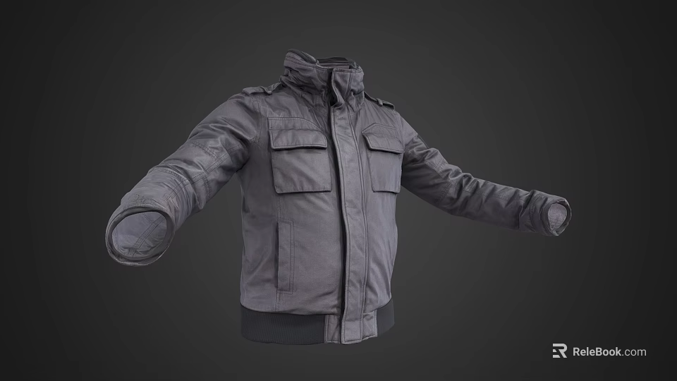 Gray Utility Jacket With Stand Collar And Multiple Pockets Design 3d model