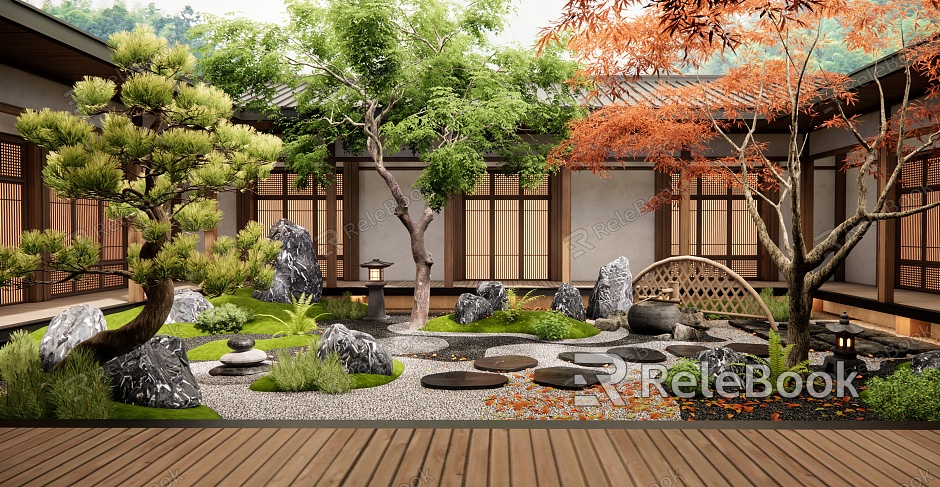 Japanese-style Courtyard Landscape Atrium Landscaping Indoor Plant Landscape Stone Tingbu Pine Tree Landscape Tree model