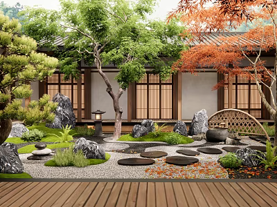 Traditional Japanese Courtyard Garden With Maple Trees Stone Lantern Stepping Stones Wooden Deck Rock Formations 3d model
