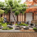 Traditional Japanese Courtyard Garden With Maple Trees Stone Lantern Stepping Stones Wooden Deck Rock Formations