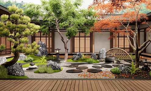 Japanese-style Courtyard Landscape Atrium Landscaping Indoor Plant Landscape Stone Tingbu Pine Tree Landscape Tree 3d model