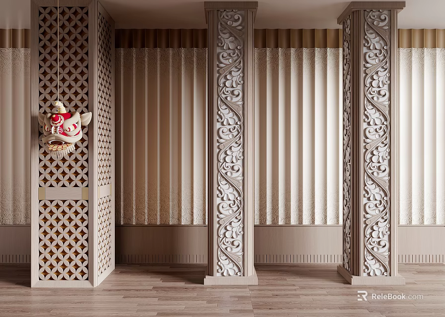 Decorative Carved Pillars In Interior With Curtain Background And Ornate Patterns 3d model 