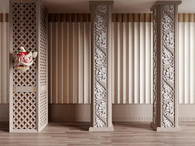 Decorative Carved Pillars In Interior With Curtain Background And Ornate Patterns 3d model