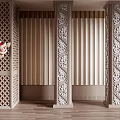 Decorative Carved Pillars In Interior With Curtain Background And Ornate Patterns