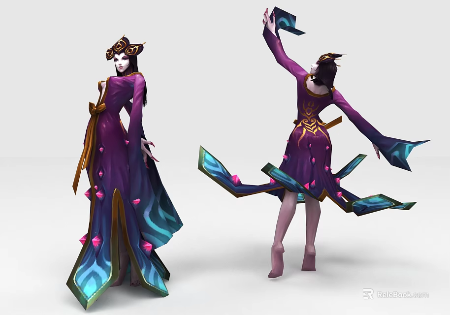 Game Movie Characters In Purple Outfits With Ornate Headdresses Golden Accents Flowing Sleeves Dancing Standing 3d model 