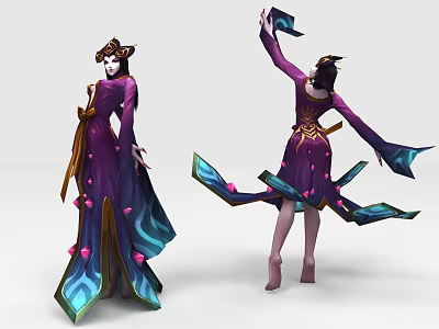 Game Movie Characters In Purple Outfits With Ornate Headdresses Golden Accents Flowing Sleeves Dancing Standing 3d model