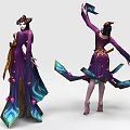 Game Movie Characters In Purple Outfits With Ornate Headdresses Golden Accents Flowing Sleeves Dancing Standing
