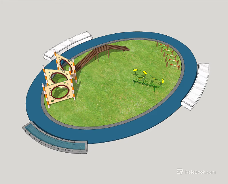 Children's Playground Design With Green Lawn Blue Circular Border Climbing Structures Slides and Yellow Equipment 3d model 