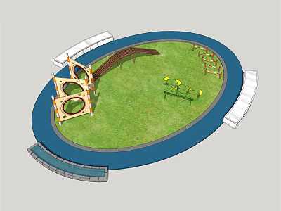 Children's Playground Design With Green Lawn Blue Circular Border Climbing Structures Slides and Yellow Equipment 3d model