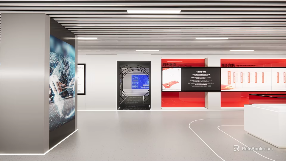 Modern Exhibition Hall Interior With Large Display Screens And Information Panels 3d model 