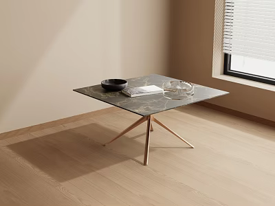 Square Marble Top Coffee Table with Metal Legs Black Bowl Glass Cup and Book 3d model
