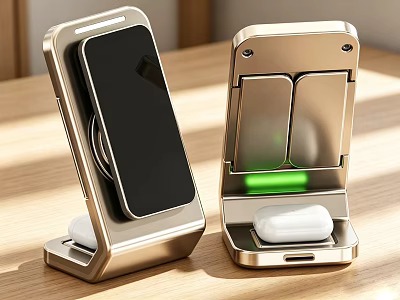 Everyday Electrical Appliances Phone And Earbuds Charging Stands With Metal Design And Green Indicator Lights 3d model