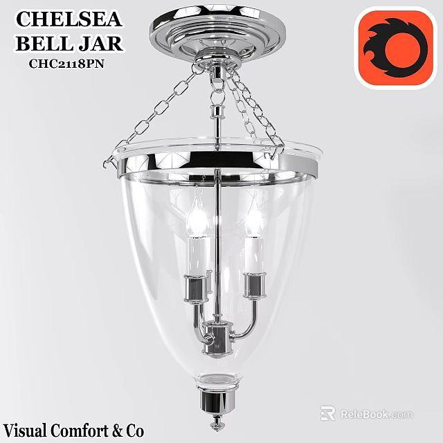 Modern Chrome Chandelier With Hanging Chain Metal Frame And Clear Glass Shade Featuring Two Bulbs 3d model 