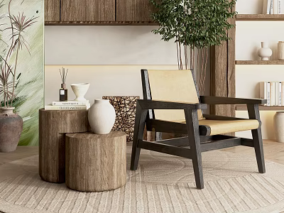 Natural Cozy Lounge Chair With Wooden Frame Beige Cushion Side Tables And Green Plant 3d model