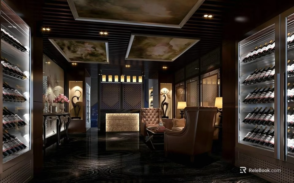 Hotel Lobby With Dark Wooden Ceiling Decorative Paintings Chandeliers Wine Racks And Comfortable Sofas 3d model 