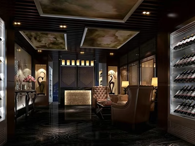 Hotel Lobby With Dark Wooden Ceiling Decorative Paintings Chandeliers Wine Racks And Comfortable Sofas 3d model