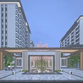 Modern Residential Entrance Gate With Central Water Fountain Flanking Buildings And Greenery