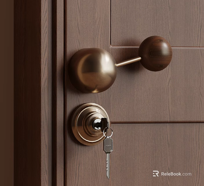 Elegant Round Brass Door Handle on Dark Wooden Door with Lock and Key 3d model 