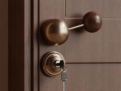 Elegant Round Brass Door Handle on Dark Wooden Door with Lock and Key 3d model