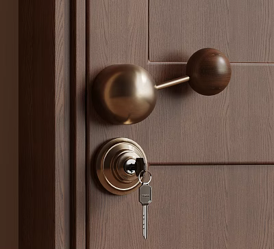 Elegant Round Brass Door Handle on Dark Wooden Door with Lock and Key 3d model