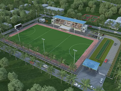 Outdoor Football Field With Spectator Stands And Surrounding Green Trees For Fitness Activities 3d model