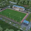 Outdoor Football Field With Spectator Stands And Surrounding Green Trees For Fitness Activities