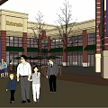 Modern Commercial Street With Brand Stores Pedestrians Trees And Plaza Area