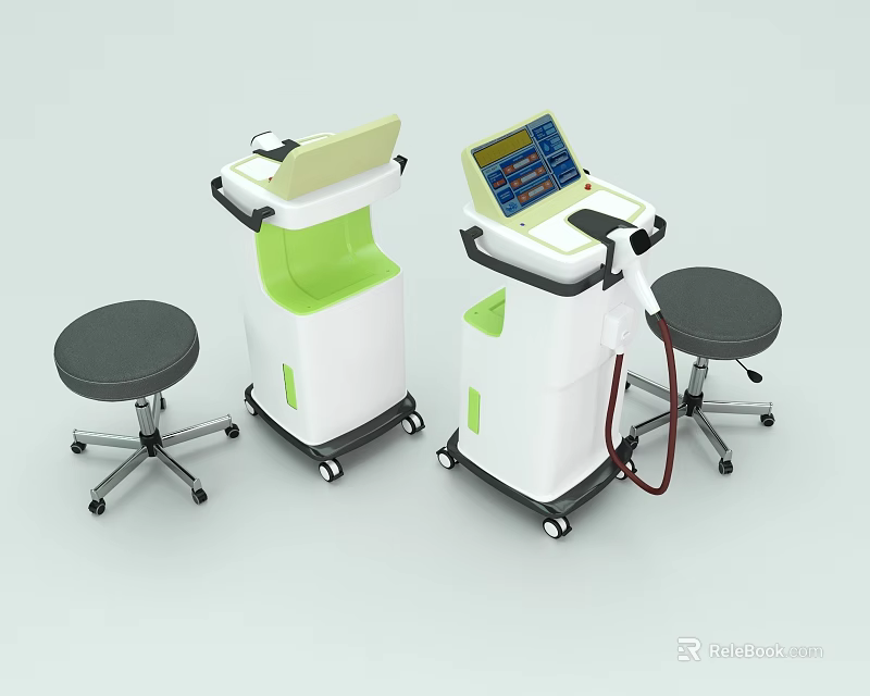Mobile Medical Devices With Digital Display Green White Design And Stools 3d model
