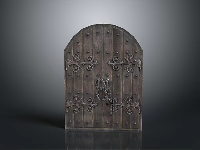 Arched Wooden Door With Intricate Iron Decorations And Metal Door Knocker Classic Architectural Element Design 3d model