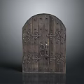 Arched Wooden Door With Intricate Iron Decorations And Metal Door Knocker Classic Architectural Element Design