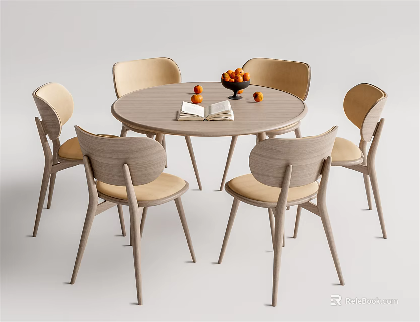 Round Dining Table Set with Six Light Wood Chairs Beige Cushions Fruit Bowl and Book 3d model 