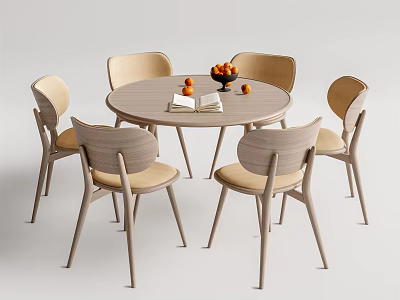 Round Dining Table Set with Six Light Wood Chairs Beige Cushions Fruit Bowl and Book 3d model