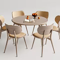 Round Dining Table Set with Six Light Wood Chairs Beige Cushions Fruit Bowl and Book