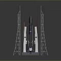 Space Rocket Model With Launch Towers On Reflective Gray Ground 3d model