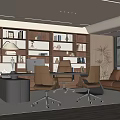 Modern Office Interior Design With Bookshelves Desk Office Chairs Sofa And Plants