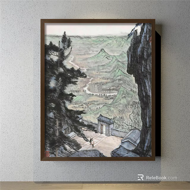 Traditional Chinese Landscape Painting With Pine Trees Distant Mountains Courtyard Gate and Two People 3d model 