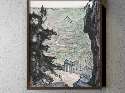 Traditional Chinese Landscape Painting With Pine Trees Distant Mountains Courtyard Gate and Two People 3d model