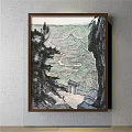 Traditional Chinese Landscape Painting With Pine Trees Distant Mountains Courtyard Gate and Two People