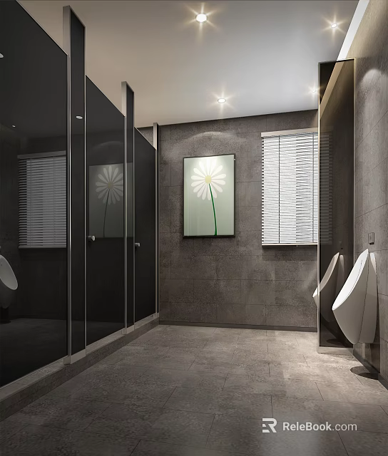 Modern Public Toilet With Glass Partitions Gray Walls Window Blinds Daisy Painting And Urinals 3d model 