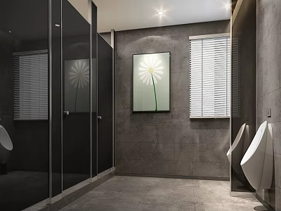 Modern Public Toilet With Glass Partitions Gray Walls Window Blinds Daisy Painting And Urinals 3d model